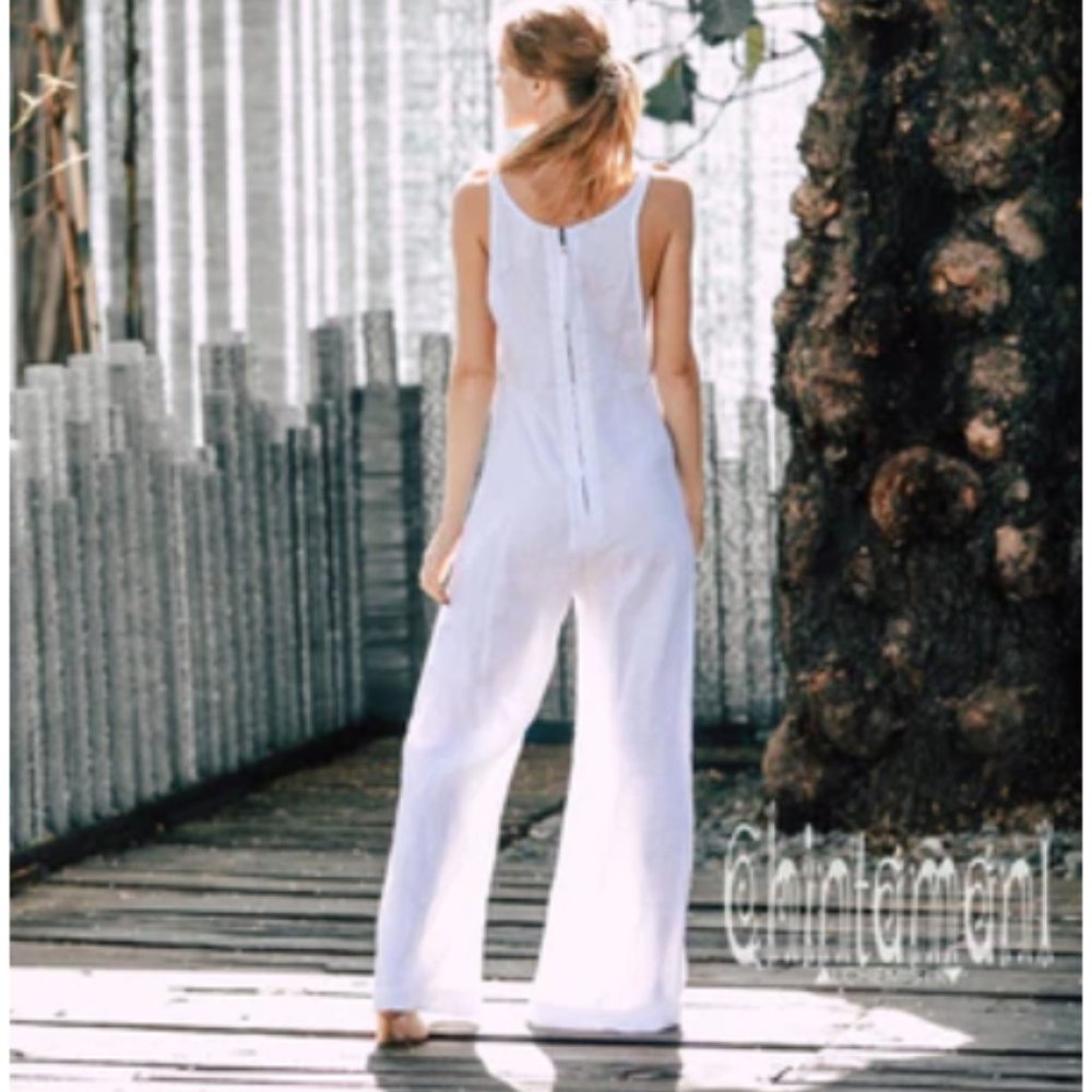 Long Linen Jumpsuit for Women  Maxi Overalls with Back Zip